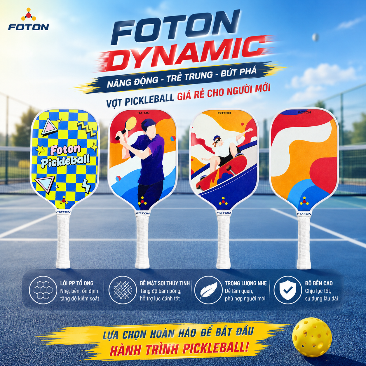 Vợt Pickleball FOTON Dynamic 16mm Sợi Thủy Tinh Lõi PP Tổ Ong Nhẹ 225g Dành Cho Người Mới
